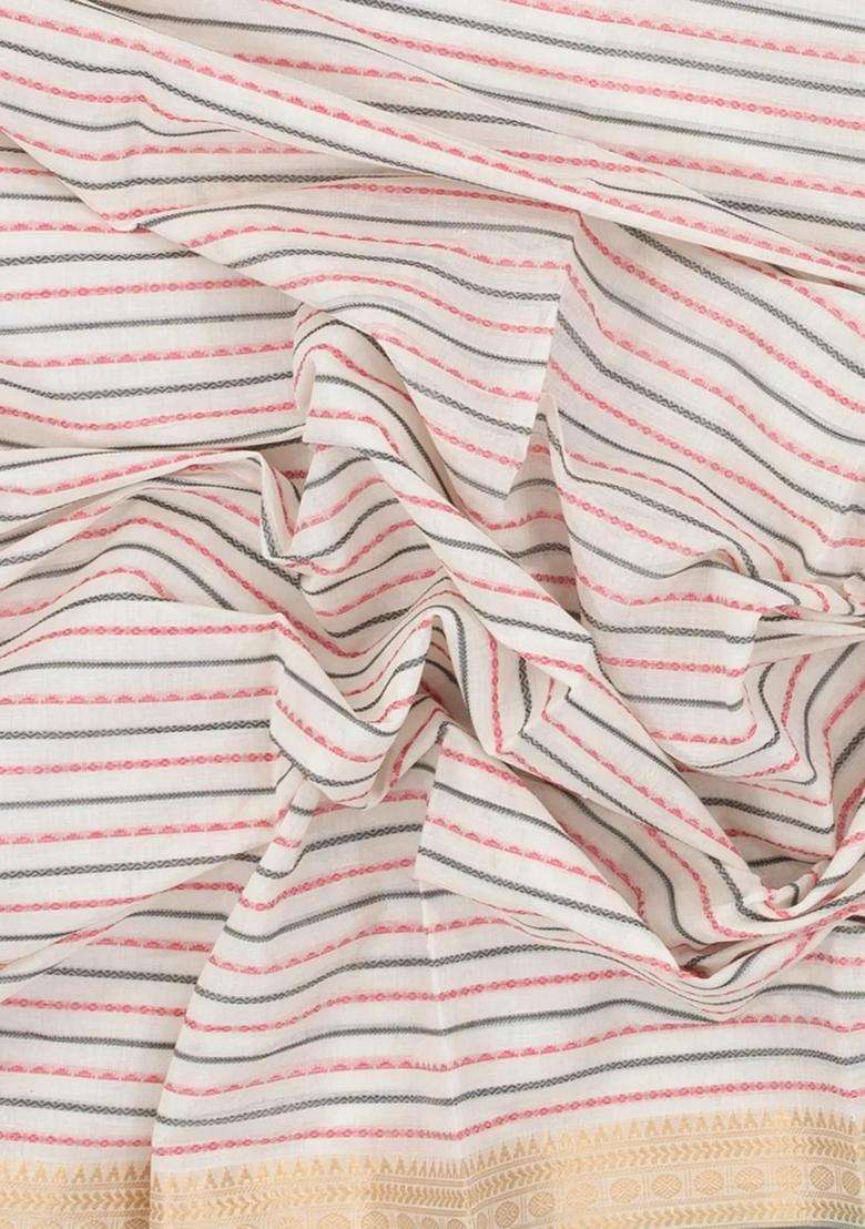 Off White Handloom Kanchi Cotton Saree With Beldari Stripes With Checks And Stripes Design For Women - Indya