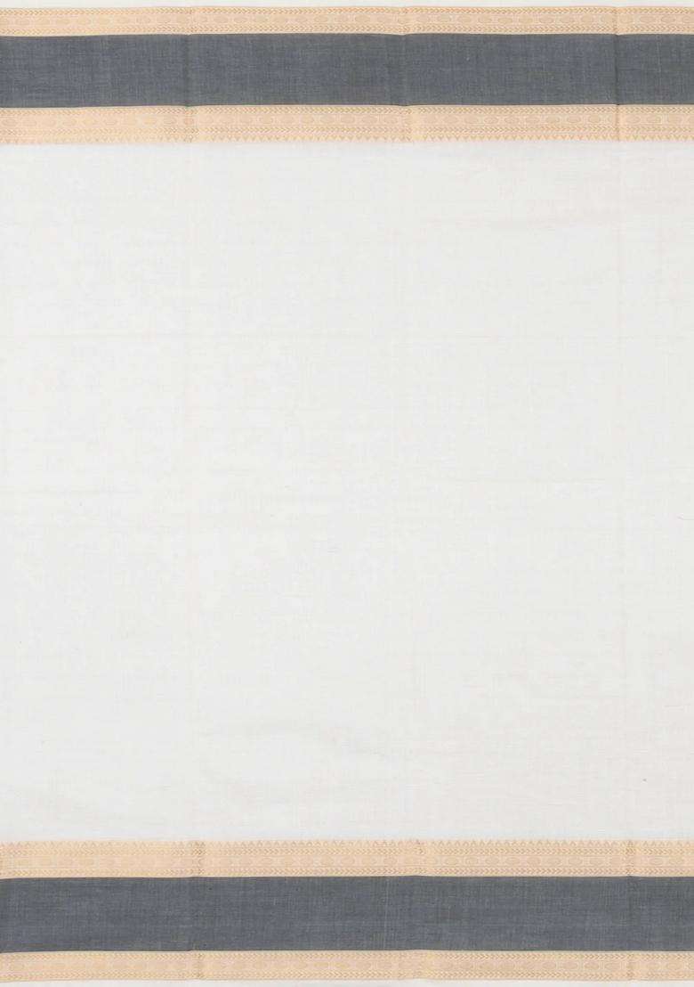 Off White Handloom Kanchi Cotton Saree With Beldari Stripes With Checks And Stripes Design For Women - Indya