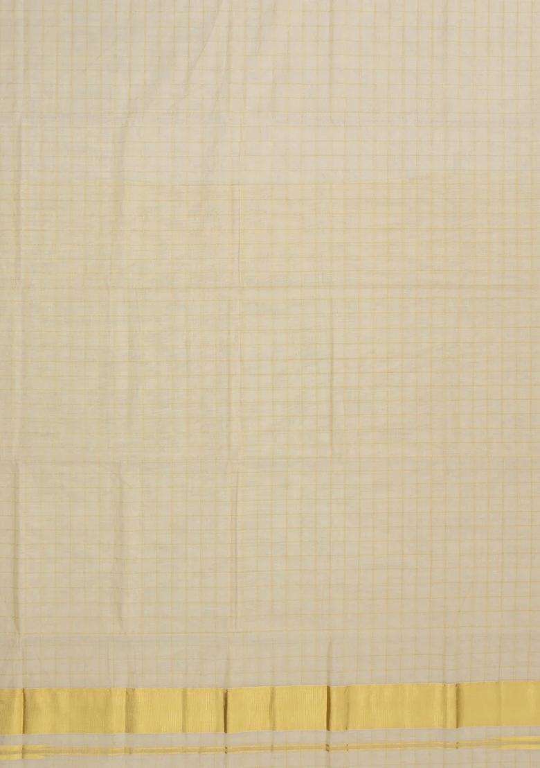 Off White Handloom Kerala Cotton Saree With Zari Checks With Checks And Stripes Design For Women - Indya