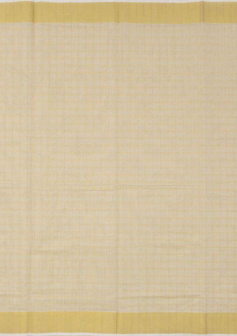 Off White Handloom Kerala Cotton Saree With Zari Checks With Checks And Stripes Design For Women - Indya