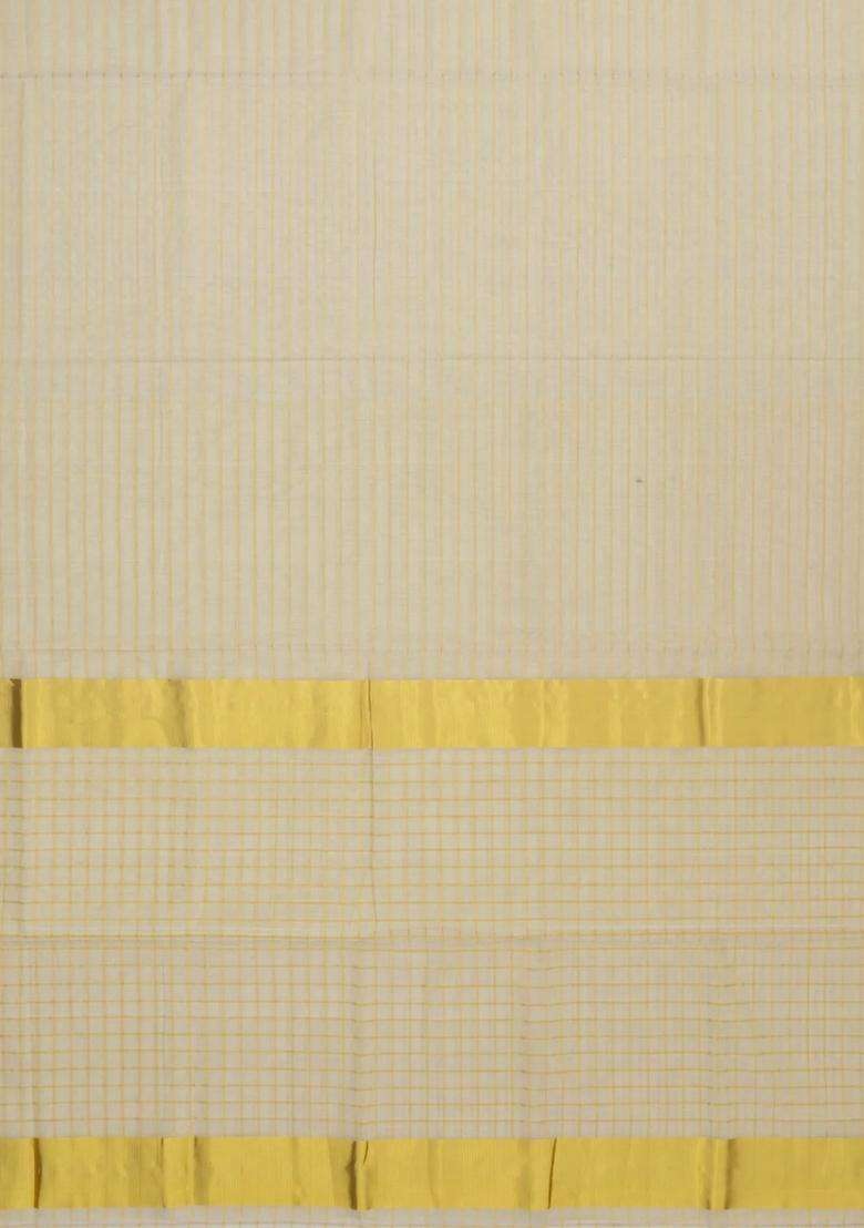 Off White Handloom Kerala Cotton Saree With Zari Stripes With Checks And Stripes Design For Women - Indya