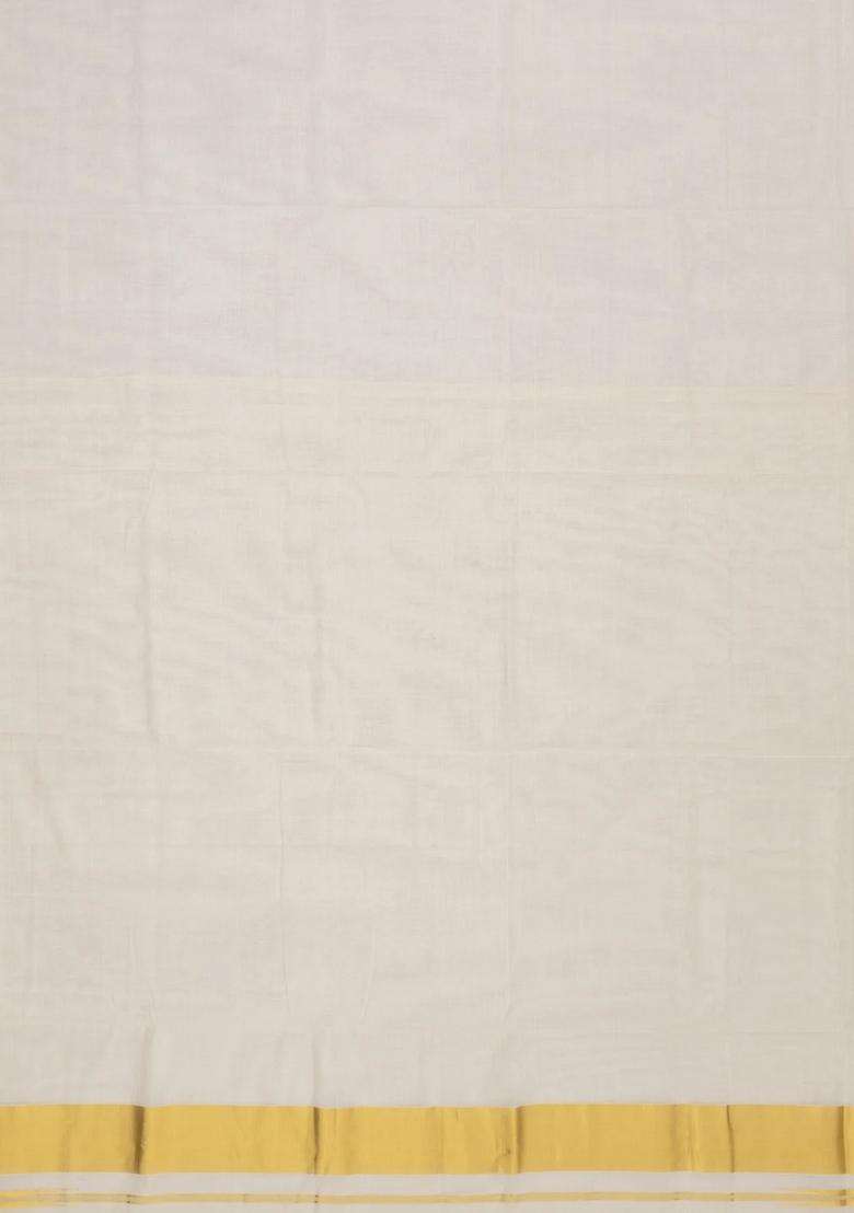 Off White Handloom Kerala Cotton Saree With Zari Border With Traditional Woven Design For Women - Indya
