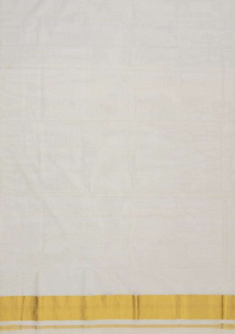 Off White Handloom Kerala Cotton Saree With Zari Border With Traditional Woven Design For Women - Indya