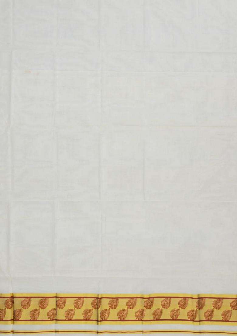 Off White Handloom Kerala Cotton Saree With Zari Border With Traditional Woven Design For Women - Indya
