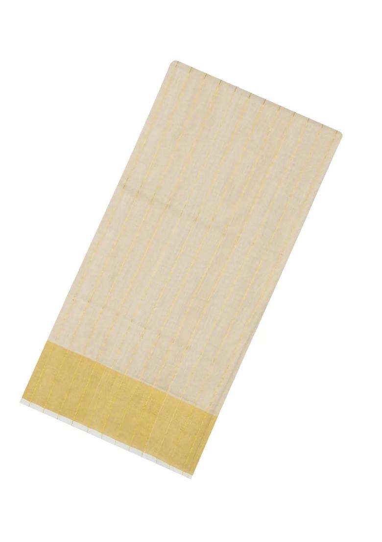 Off White Handloom Kerala Cotton Saree With Zari Stripes With Checks And Stripes Design For Women - Indya