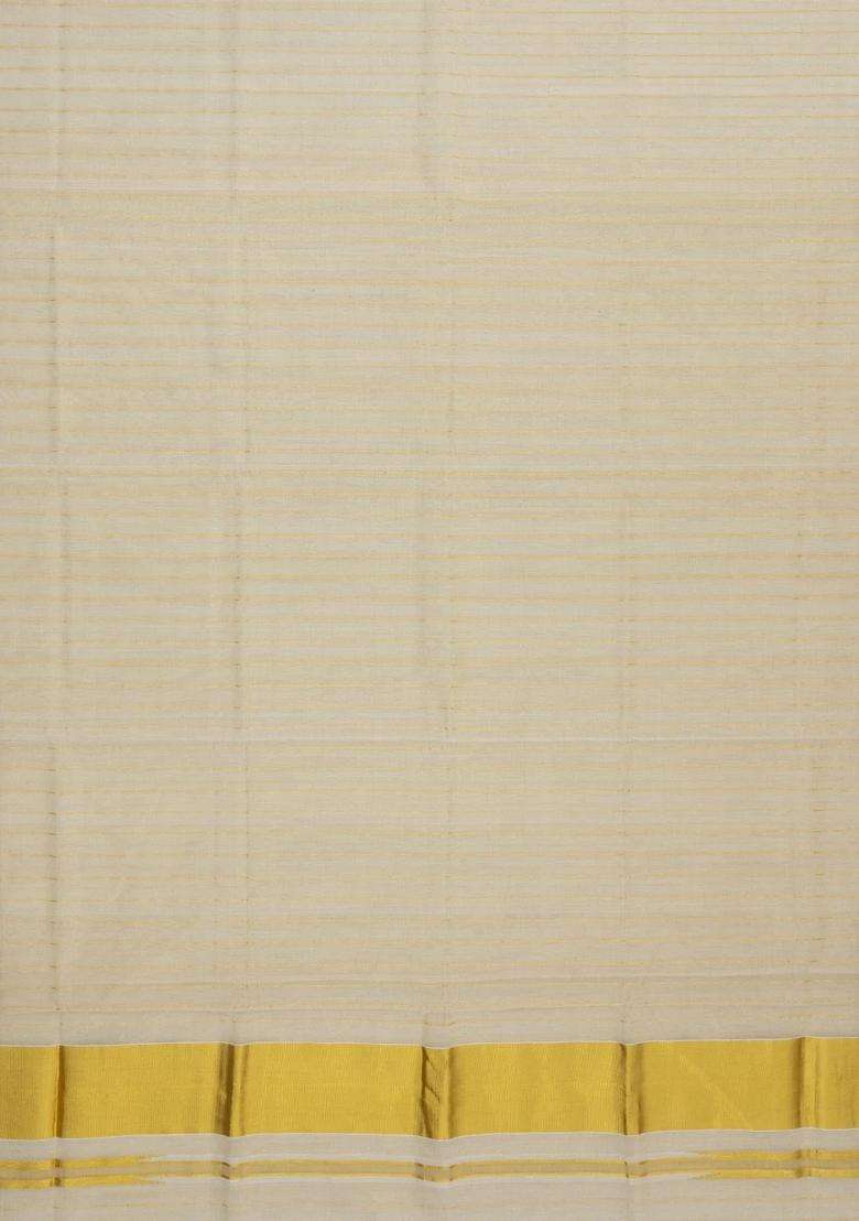 Off White Handloom Kerala Cotton Saree With Zari Stripes With Checks And Stripes Design For Women - Indya