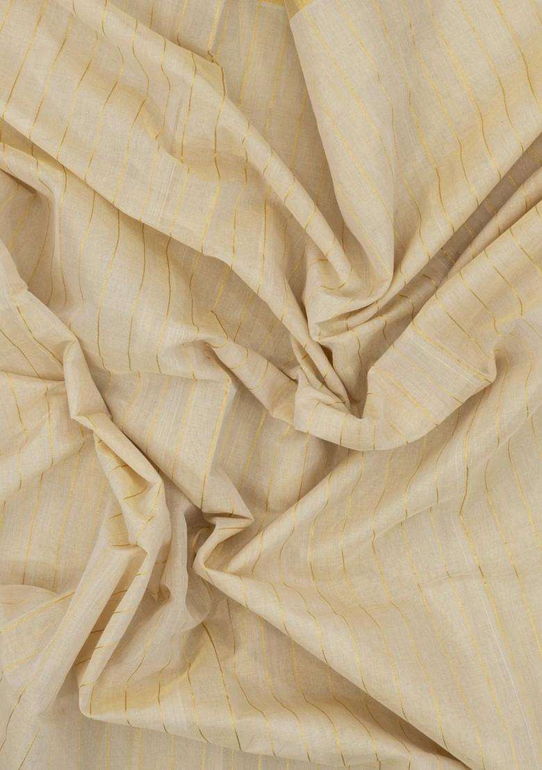 Off White Handloom Kerala Cotton Saree With Zari Stripes With Checks And Stripes Design For Women - Indya