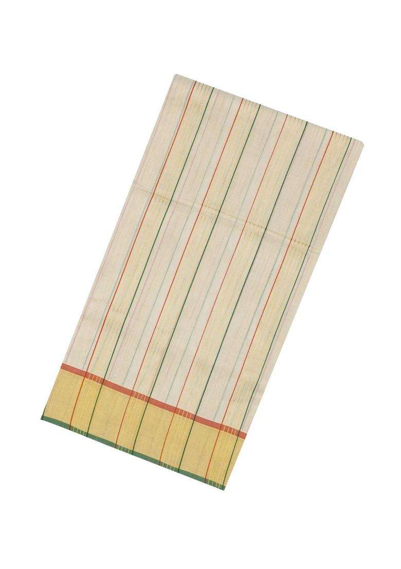 Off White Handloom Kerala Cotton Saree With Meena Stripes With Checks And Stripes Design For Women - Indya