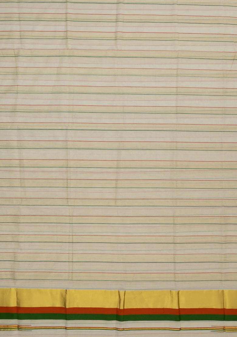 Off White Handloom Kerala Cotton Saree With Meena Stripes With Checks And Stripes Design For Women - Indya
