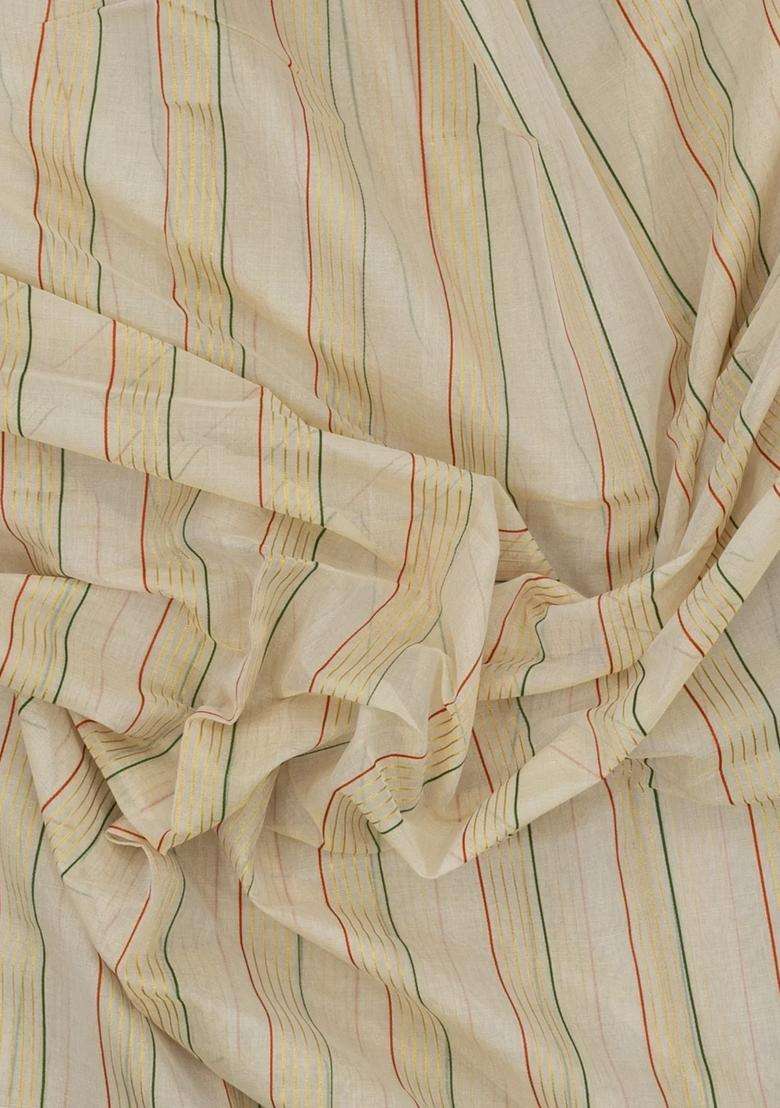Off White Handloom Kerala Cotton Saree With Meena Stripes With Checks And Stripes Design For Women - Indya