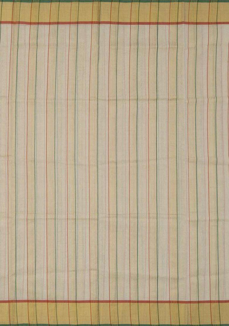 Off White Handloom Kerala Cotton Saree With Meena Stripes With Checks And Stripes Design For Women - Indya