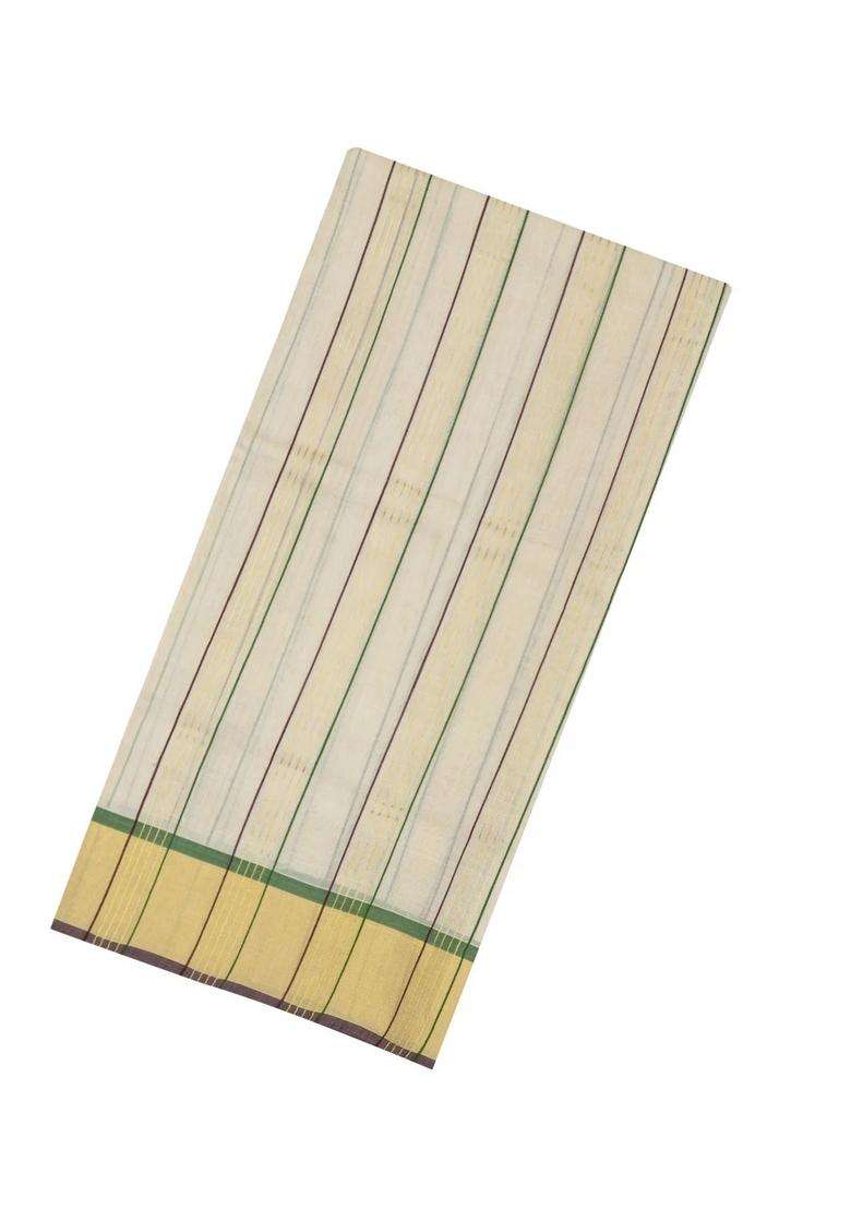 Off White Handloom Kerala Cotton Saree With Meena Stripes With Checks And Stripes Design For Women - Indya