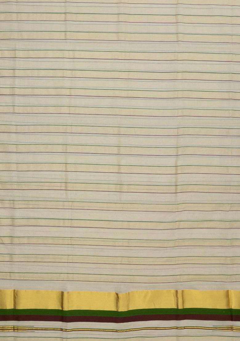 Off White Handloom Kerala Cotton Saree With Meena Stripes With Checks And Stripes Design For Women - Indya