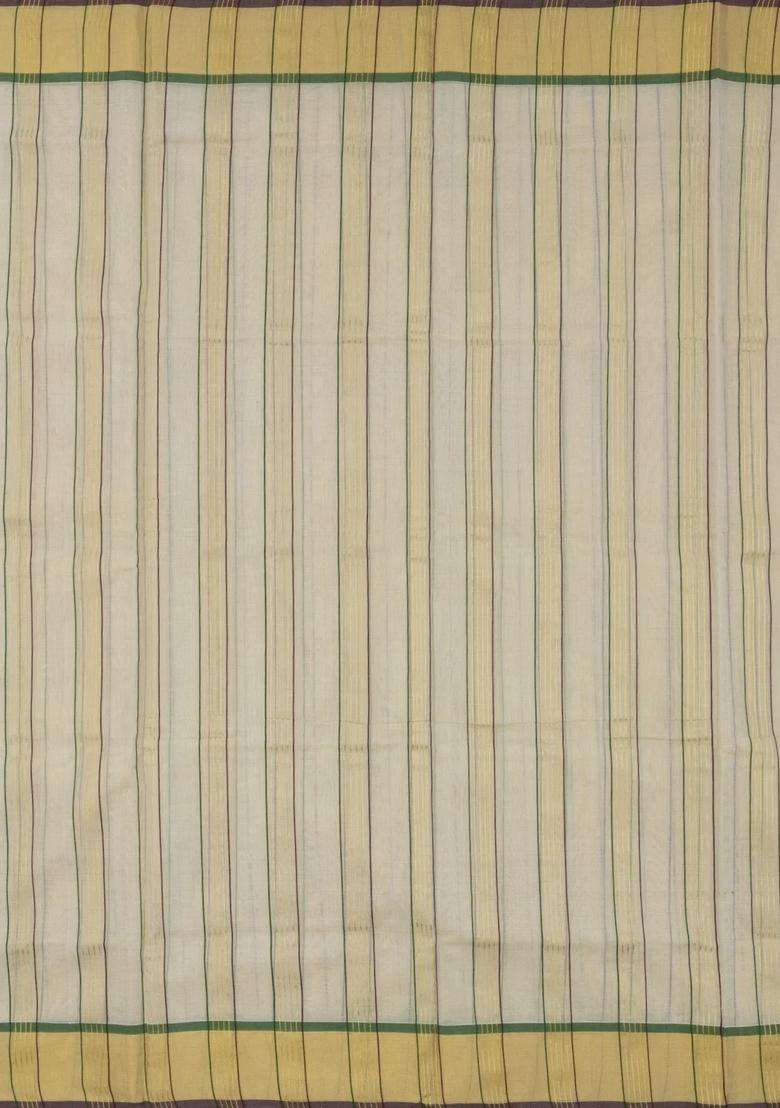 Off White Handloom Kerala Cotton Saree With Meena Stripes With Checks And Stripes Design For Women - Indya