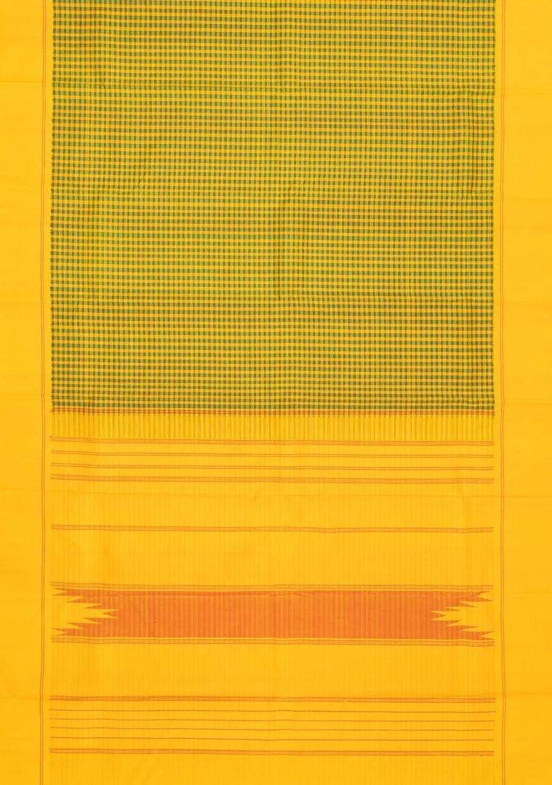 Mustard Handloom Korvai Kanchipuram Silk Saree With Checks With Korvai And Temple Border Design For Women - Indya