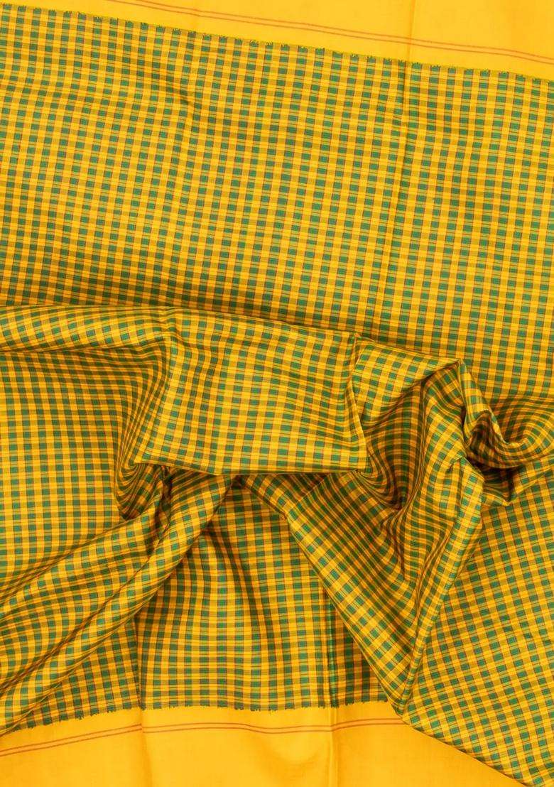 Mustard Handloom Korvai Kanchipuram Silk Saree With Checks With Korvai And Temple Border Design For Women - Indya
