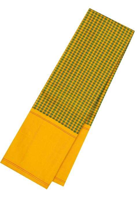 Mustard Handloom Korvai Kanchipuram Silk Saree With Checks With Korvai And Temple Border Design For Women