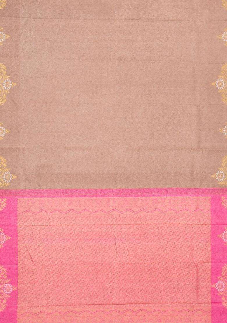 Taupe Handloom Kanchipuram Silk Saree With Running Border Contrast Pallu With Buttas And Brocade Design For Women - Indya