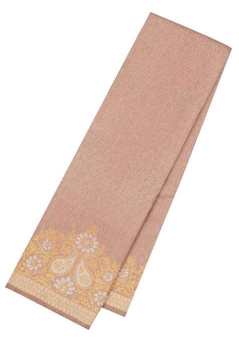 Taupe Handloom Kanchipuram Silk Saree With Running Border Contrast Pallu With Buttas And Brocade Design For Women