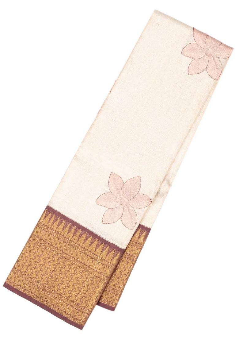 Off White Handloom Korvai Kanchipuram Tissue Silk Saree With Floral Motifs With Korvai And Temple Border Design For Women - Indya
