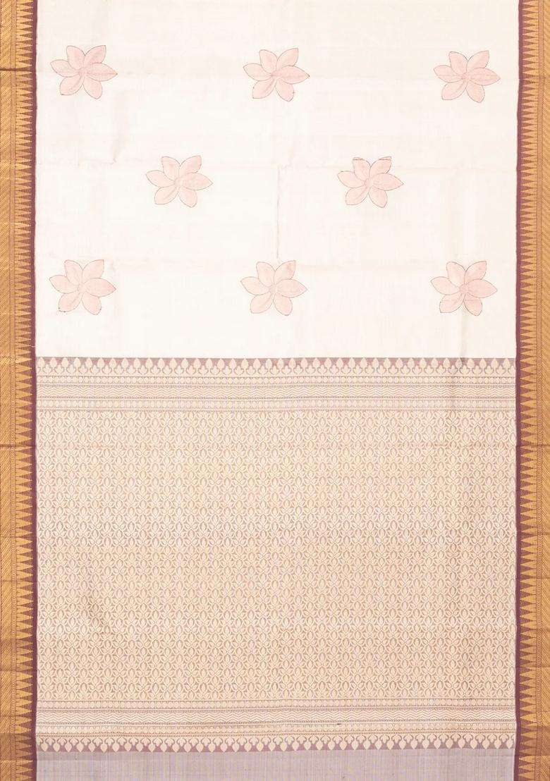 Off White Handloom Korvai Kanchipuram Tissue Silk Saree With Floral Motifs With Korvai And Temple Border Design For Women - Indya