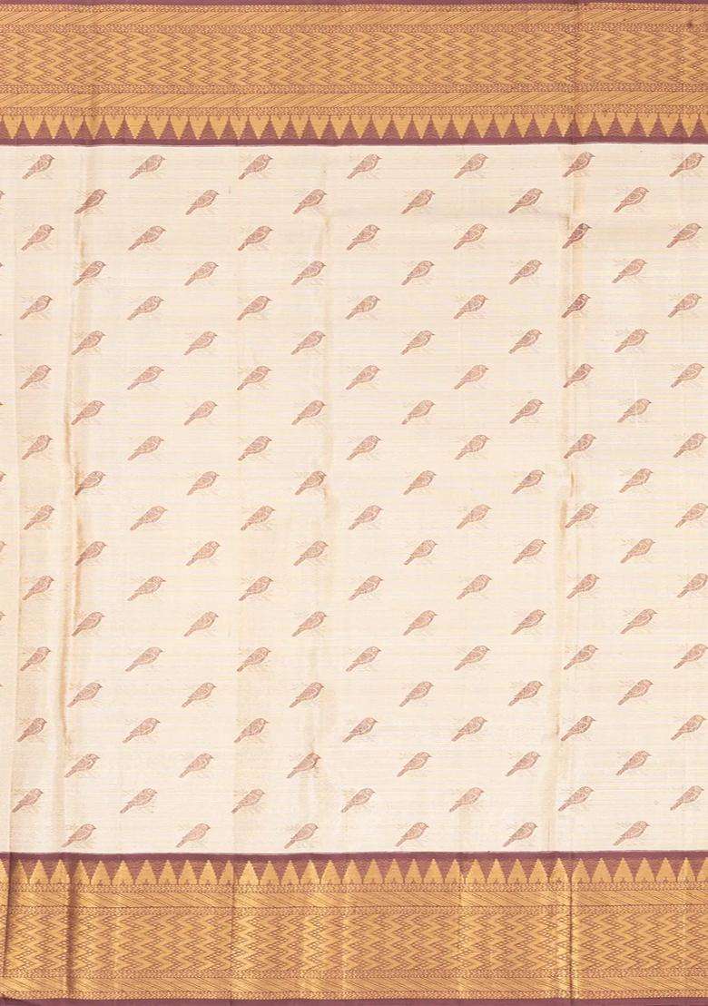 Off White Handloom Korvai Kanchipuram Tissue Silk Saree With Floral Motifs With Korvai And Temple Border Design For Women - Indya