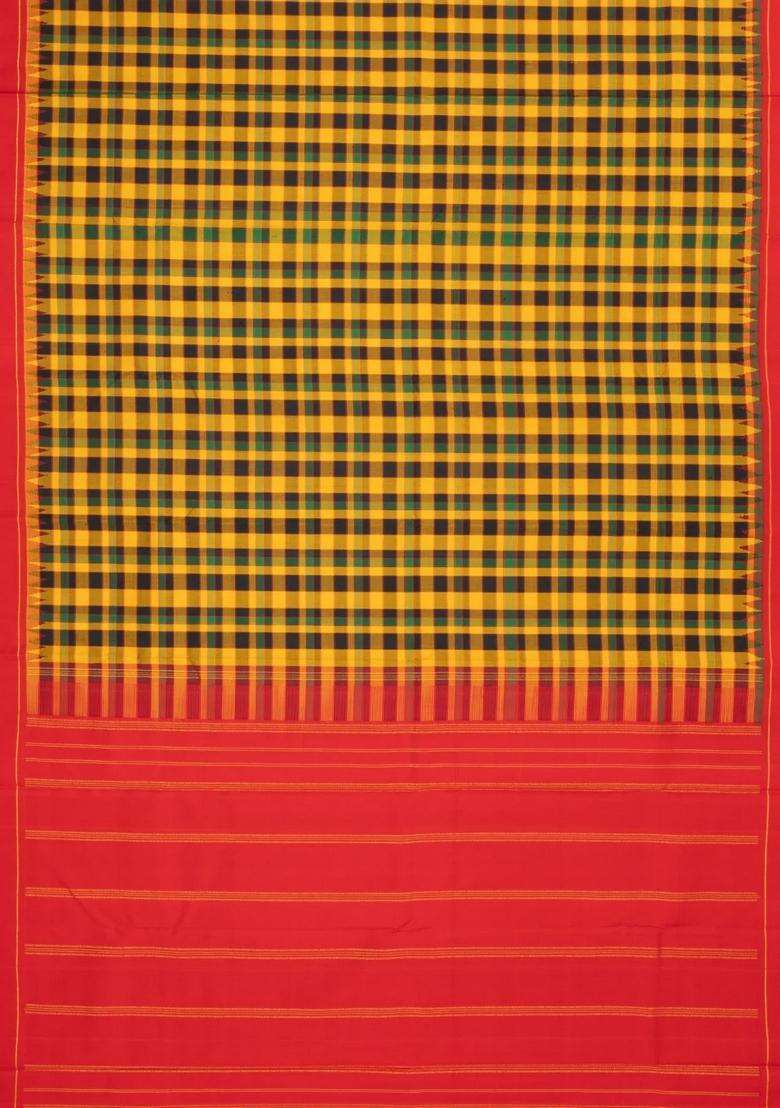 Multi Colour Handloom Korvai Kanchipuram Silk Saree With Silk Checks With Korvai And Temple Border Design For Women - Indya