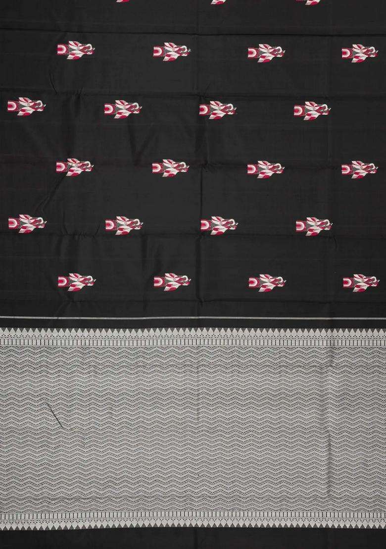 Black Handloom Kanchipuram Silk Saree With Meena Crane Buttas With Buttas And Brocade Design For Women - Indya