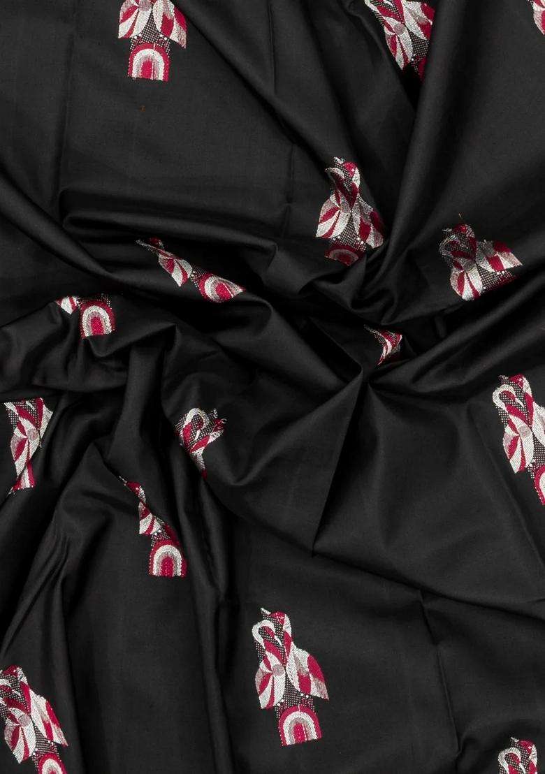 Black Handloom Kanchipuram Silk Saree With Meena Crane Buttas With Buttas And Brocade Design For Women - Indya