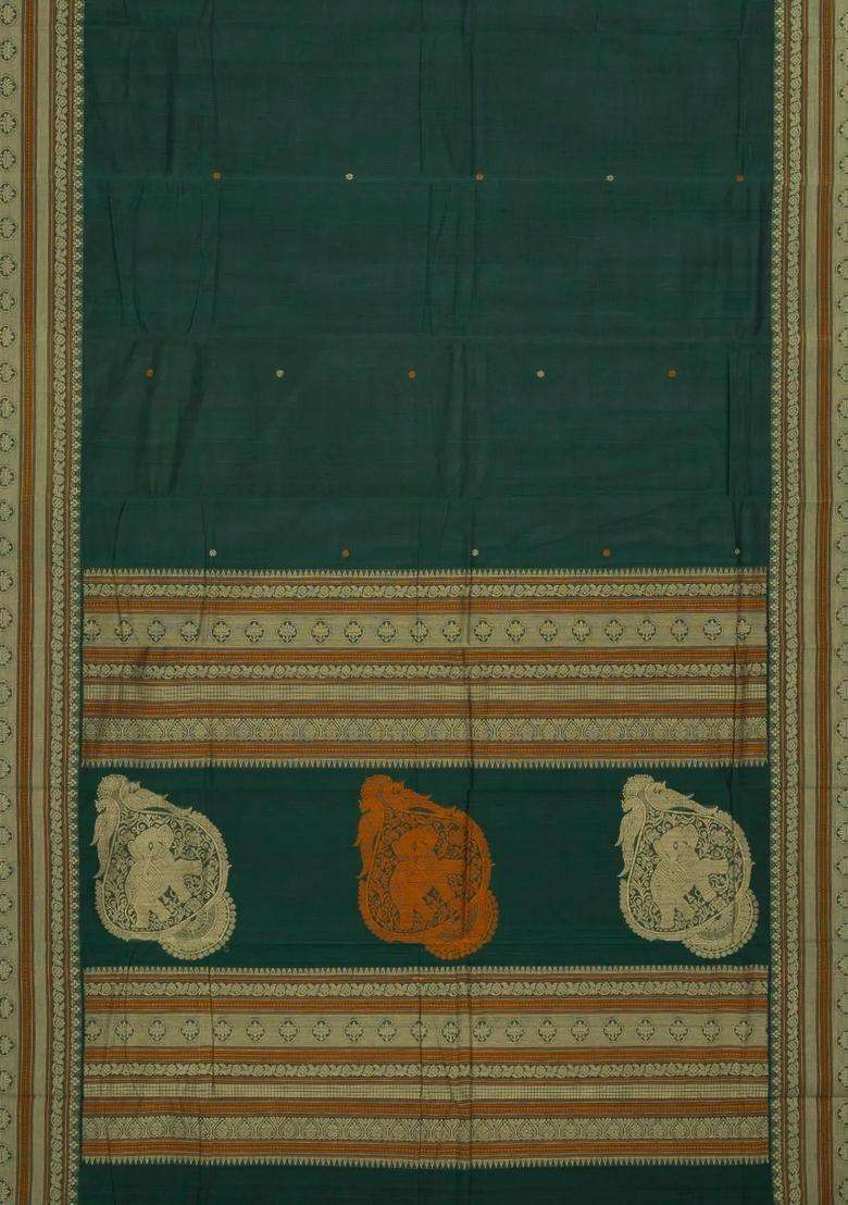 Bottle Green Handloom Kanchi Cotton Saree With Kamalam Buttas With Buttas And Brocade Design For Women - Indya
