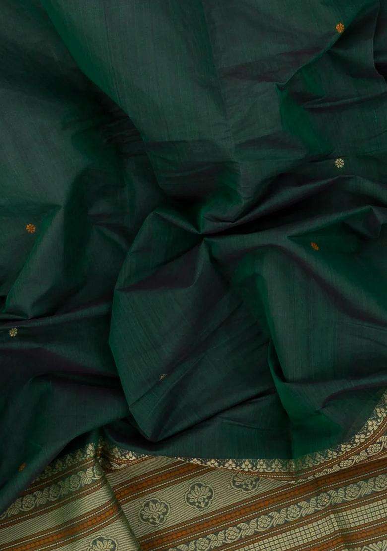 Bottle Green Handloom Kanchi Cotton Saree With Kamalam Buttas With Buttas And Brocade Design For Women - Indya