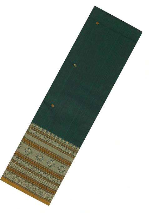 Bottle Green Handloom Kanchi Cotton Saree With Kamalam Buttas With Buttas And Brocade Design For Women