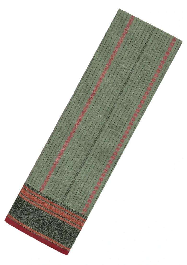 Shadow Green Handloom Kanchi Cotton Saree With Stripes With Checks And Stripes Design For Women - Indya
