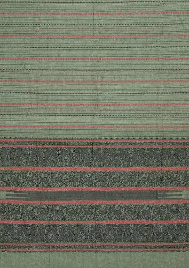Shadow Green Handloom Kanchi Cotton Saree With Stripes With Checks And Stripes Design For Women - Indya