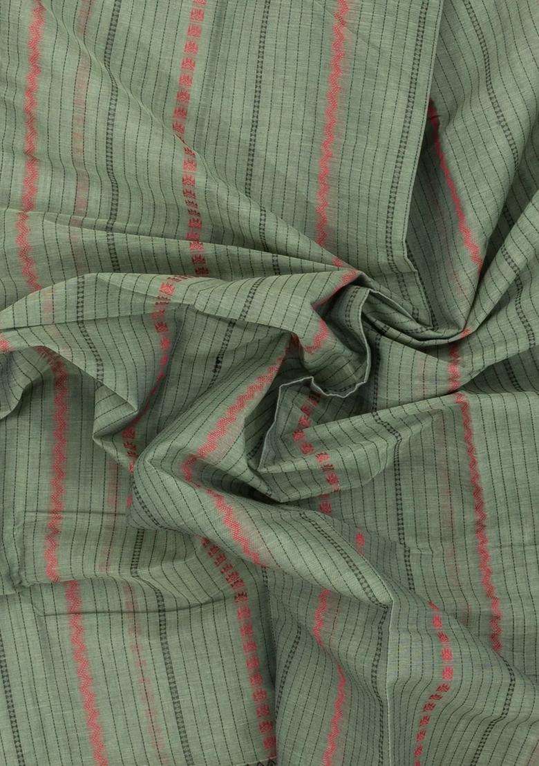 Shadow Green Handloom Kanchi Cotton Saree With Stripes With Checks And Stripes Design For Women - Indya