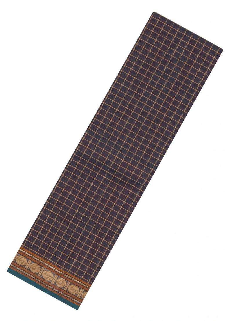 Dark Grey Handloom Kanchi Cotton Saree With Checks With Checks And Stripes Design For Women - Indya