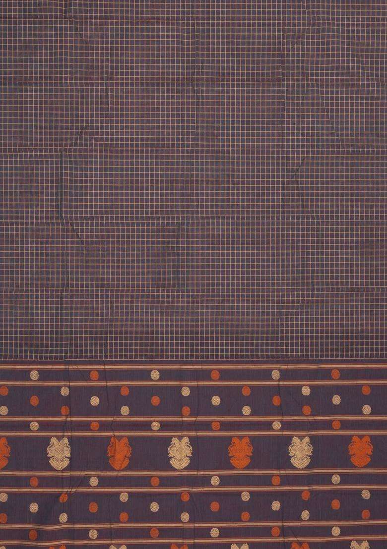 Dark Grey Handloom Kanchi Cotton Saree With Checks With Checks And Stripes Design For Women - Indya