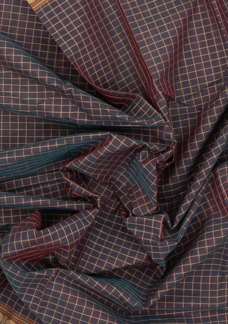 Dark Grey Handloom Kanchi Cotton Saree With Checks With Checks And Stripes Design For Women - Indya