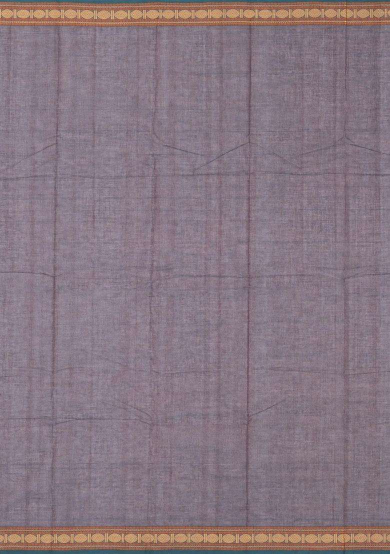 Dark Grey Handloom Kanchi Cotton Saree With Checks With Checks And Stripes Design For Women - Indya