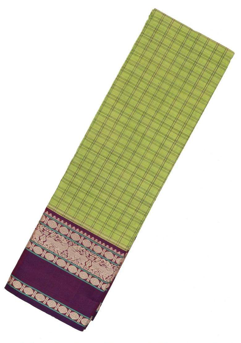 Light Green Handloom Korvai Kanchi Cotton Saree With Checks With Korvai And Temple Border Design For Women - Indya