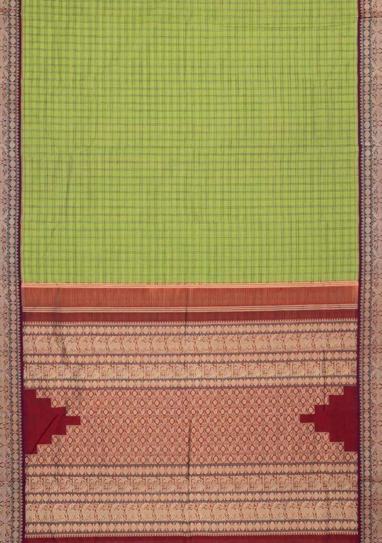 Light Green Handloom Korvai Kanchi Cotton Saree With Checks With Korvai And Temple Border Design For Women - Indya