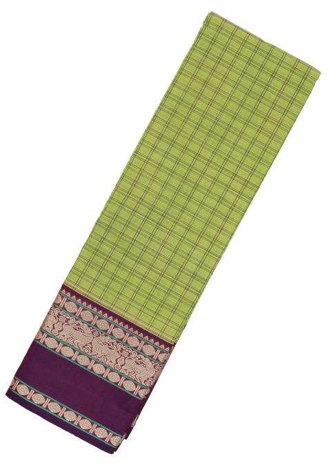 Light Green Handloom Korvai Kanchi Cotton Saree With Checks With Korvai And Temple Border Design For Women