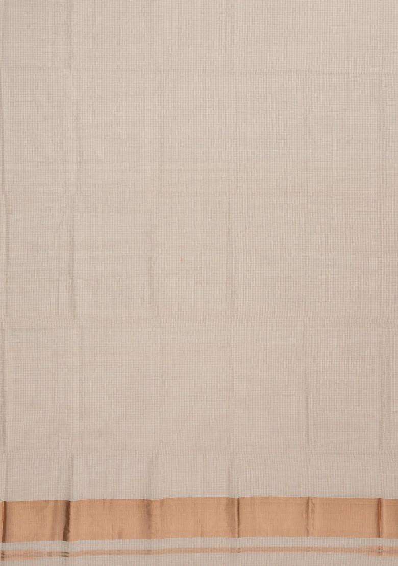 Cream Handloom Kerala Cotton Saree With Checks Zari Border With Checks And Stripes Design For Women - Indya