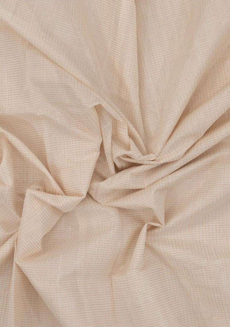 Cream Handloom Kerala Cotton Saree With Checks Zari Border With Checks And Stripes Design For Women - Indya