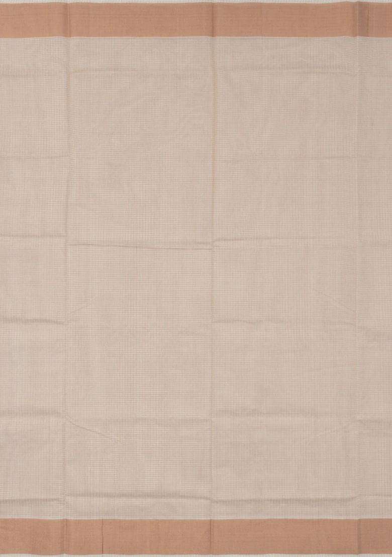 Cream Handloom Kerala Cotton Saree With Checks Zari Border With Checks And Stripes Design For Women - Indya