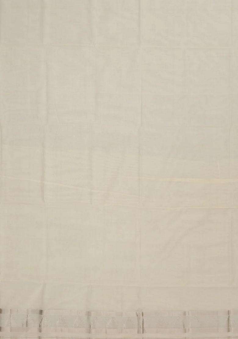 Off White Handloom Kerala Cotton Saree With Silver Zari Border With Traditional Woven Design For Women - Indya
