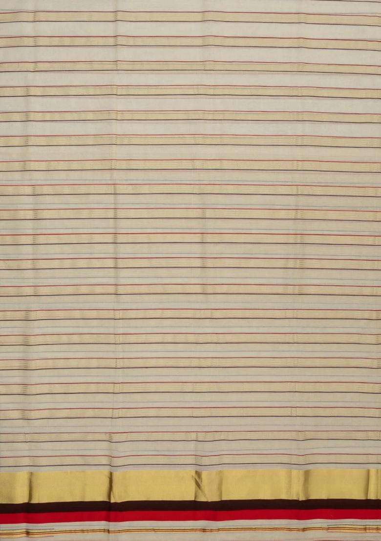 Off White Handloom Kerala Cotton Saree With Meena Stripes With Checks And Stripes Design For Women - Indya