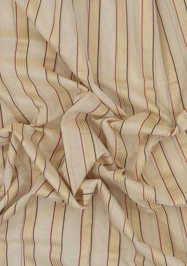 Off White Handloom Kerala Cotton Saree With Meena Stripes With Checks And Stripes Design For Women - Indya