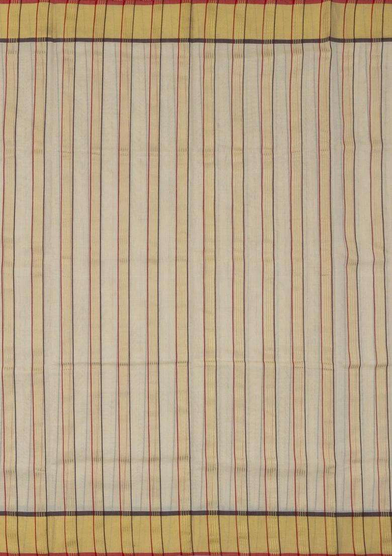 Off White Handloom Kerala Cotton Saree With Meena Stripes With Checks And Stripes Design For Women - Indya