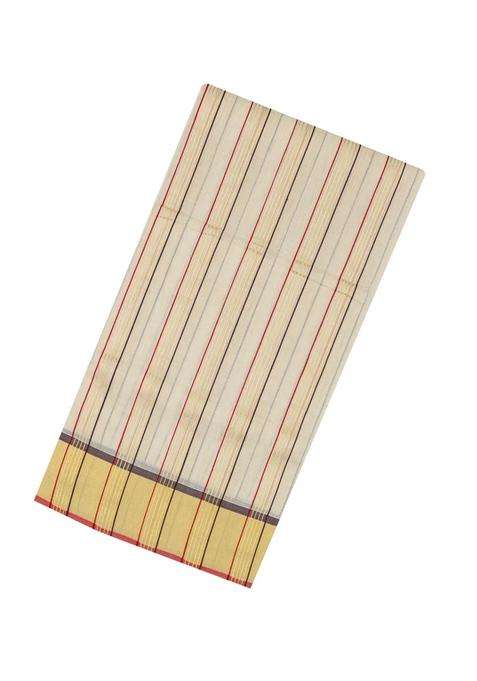 Off White Handloom Kerala Cotton Saree With Meena Stripes With Checks And Stripes Design For Women